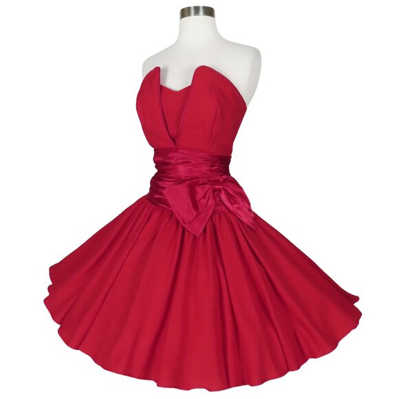 Vintage 80s 90s Red Strapless Full Circle Skirt HoCo Prom Cocktail Party Dress S - Picture 1 of 10